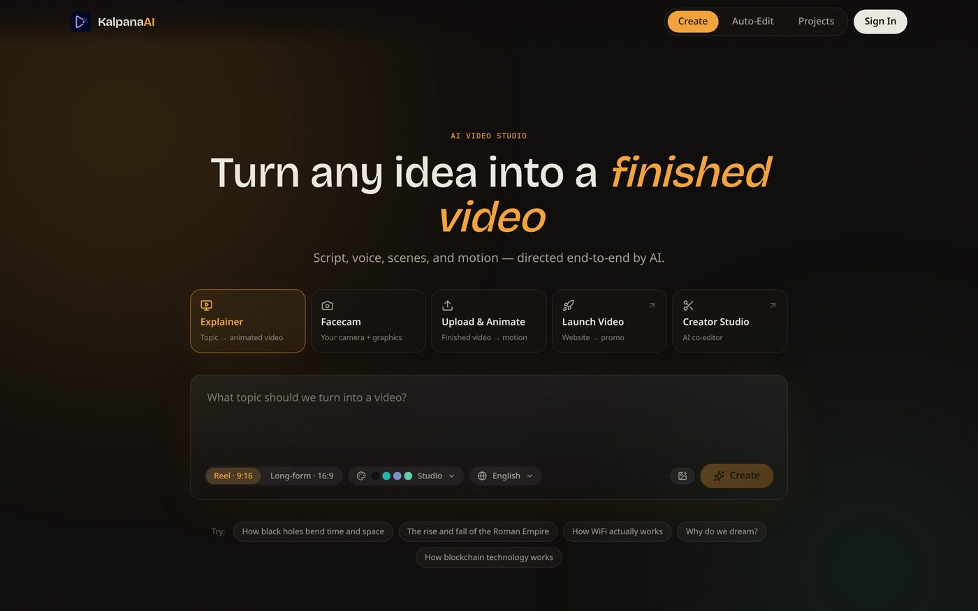 KalpanaAI studio: turn any idea into a finished video